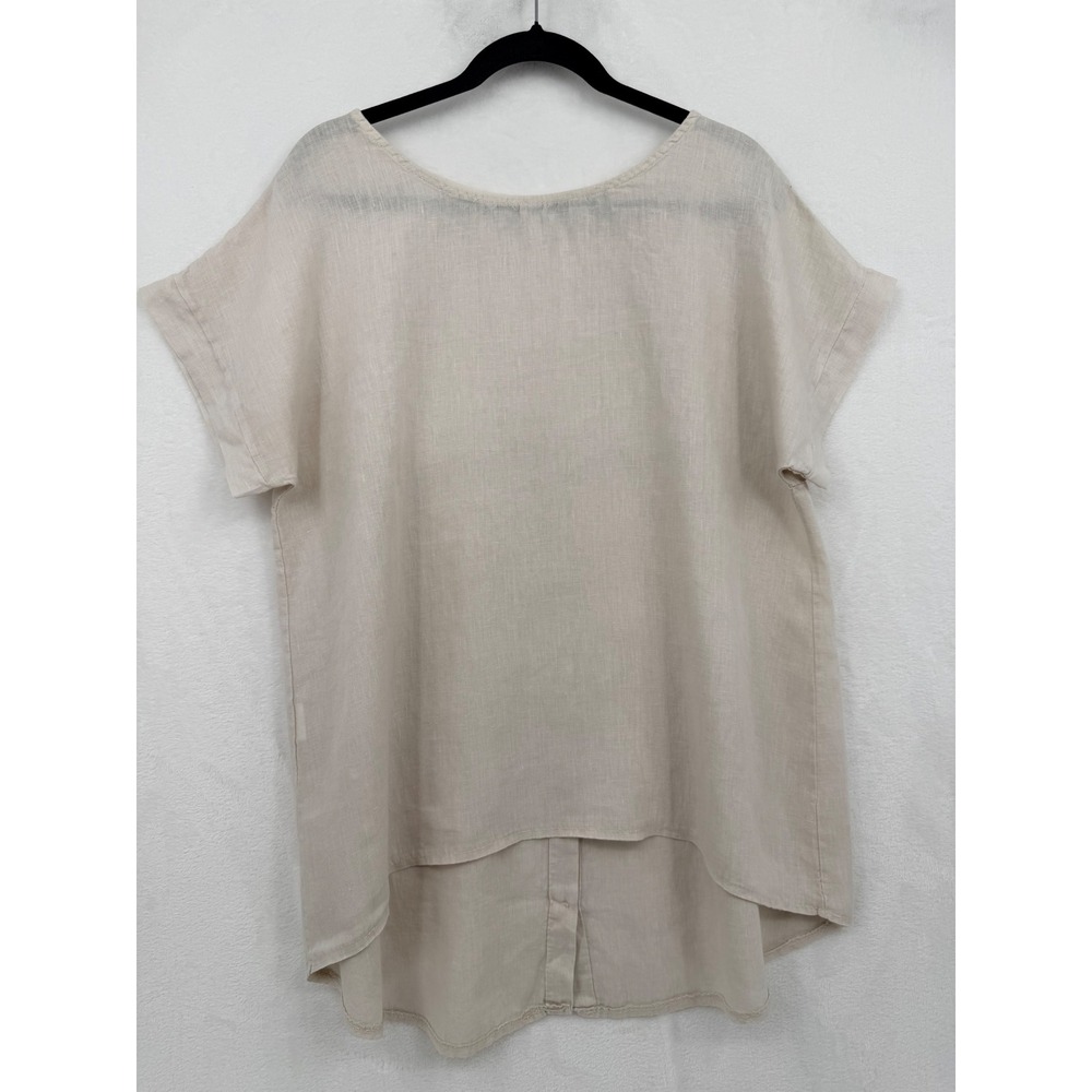 Terzo Millennio Italy 100% Linen Blouse L Beige Button Back High Low Tunic Top